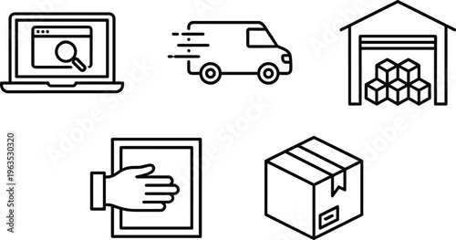 Ecommerce and delivery service icons set featuring online shopping, fast shipping van, warehouse storage and package handling in outline vector style