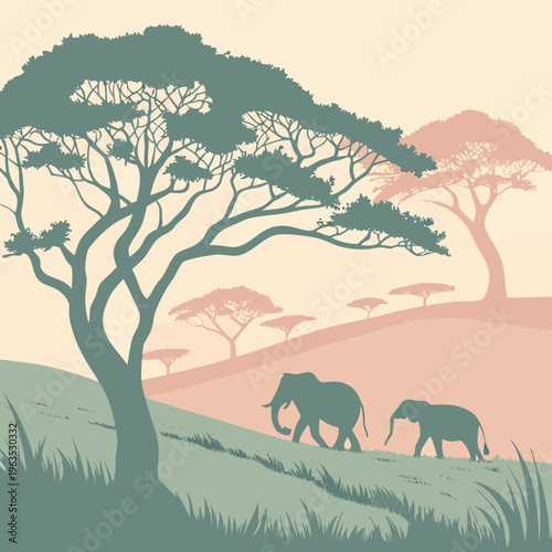 Safari savanna landscape with elephant family illustration, stylized nature scene with acacia trees and soft sunset colors for travel or wildlife concept design