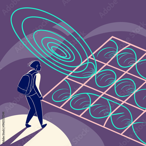 Person observing digital DNA grid data visualization, futuristic concept illustration showing genomic research, biotechnology, and scientific analysis in a modern style