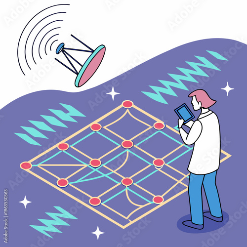 Scientist using tablet with satellite array and global network data grid, modern conceptual illustration for communications, aerospace, and remote sensing technology