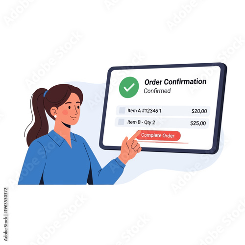Woman viewing order confirmation on screen.