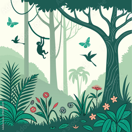 Tropical jungle illustration with monkey hanging on vine surrounded by exotic birds butterflies and rainforest flowers in a misty forest landscape background with lush green foliage with flat art