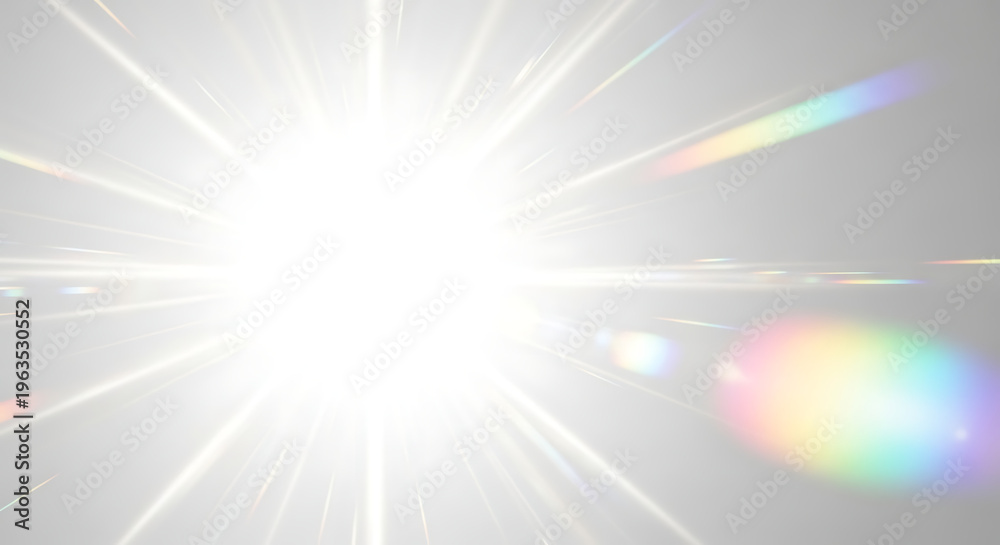 Obraz premium Bright white lens flare with colorful light leaks and radial sunburst effect on light gray background for overlaying on photos to create cinematic lighting design and professional photography