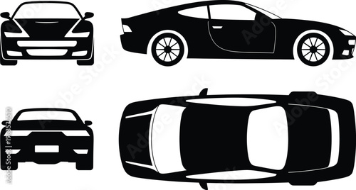 Modern sports car silhouette set with front side rear and top views isolated on white background for automotive design branding and vector illustration use