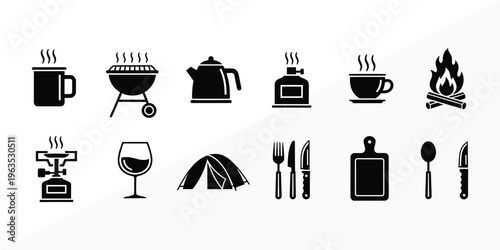 Collection of kitchen and dining icons including coffee makers grill wine glass utensils and cutting board