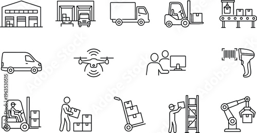 Logistics and warehouse operations icons set featuring delivery van, forklift, barcode scanner, packaging and industrial workflow elements in clean outline vector style