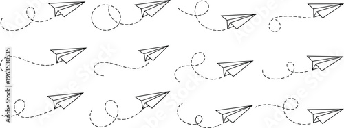 Paper airplane seamless pattern with flying dashed paths minimal line art background for travel communication creativity and message concept vector illustration