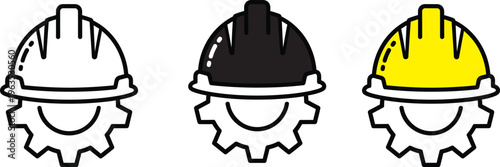 Three cartoonish hard hats with gear icons