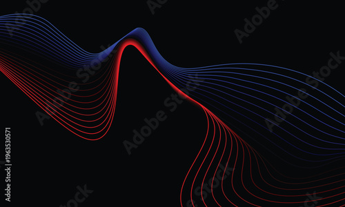 Abstract flowing lines of red and blue light against a black background