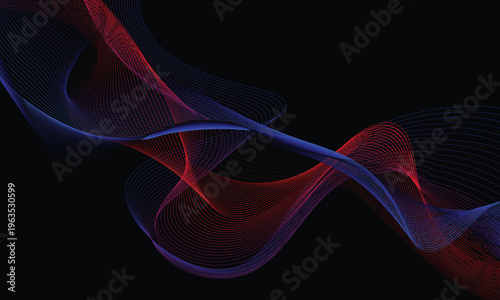 Abstract flowing lines of red and blue on a black background