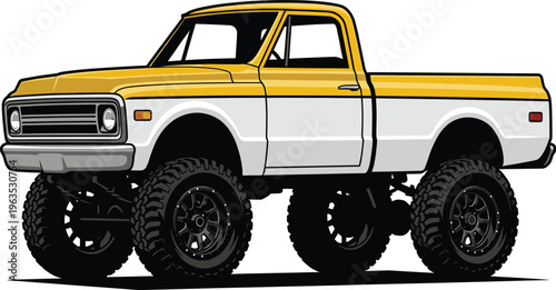 Vintage lifted pickup truck vector illustration with oversized off road tires classic American style vehicle design isolated for automotive branding and transport graphics