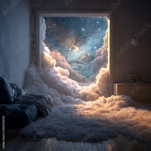 Child Bedroom with Galaxy Window and Soft Wool Floor Dreamcore Surreal Interior