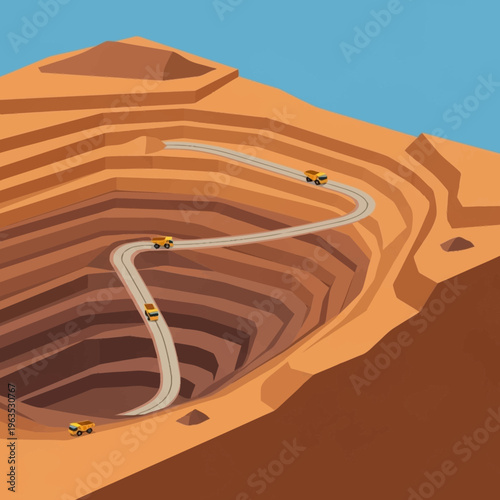 Open Pit Mine With Winding Road and Trucks.