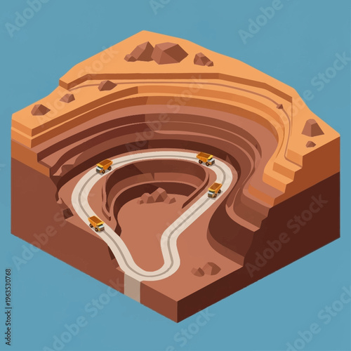 Isometric Open Pit Mine With Trucks and Roads.
