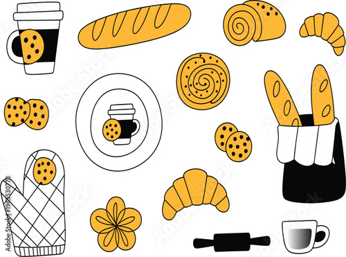Bakery collection vector with cookies, croissants, baguette, coffee, and baking tools, isolated on white background