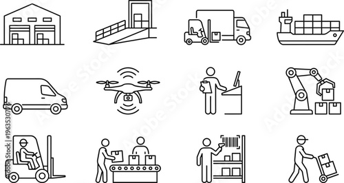 Warehouse and logistics operations icons set featuring delivery van, forklift, drone, shipping, packaging and industrial workflow elements in outline vector illustration
