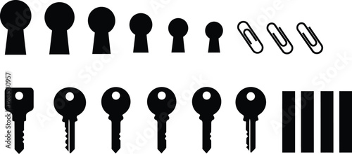 Collection of keys and paper clips in black and white