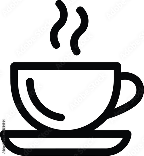 Simple black outline icon of a steaming coffee cup on a saucer  
