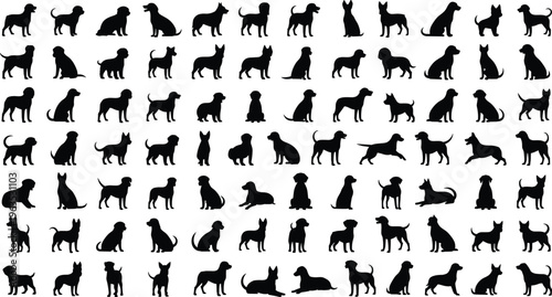 Large collection of dog silhouettes featuring various breeds, puppies, sitting, standing, and running poses, isolated on white background for pet design