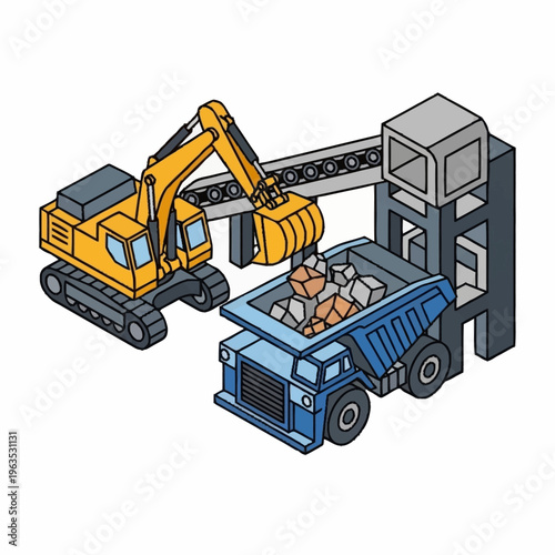 Industrial Excavator Loading Dump Truck with Materials.