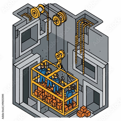 Industrial workers operating a heavy-duty crane in a factory setting.