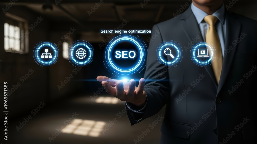 Naklejka premium Businessman presents a glowing seo icon surrounded by related internet optimization symbols on dark background.