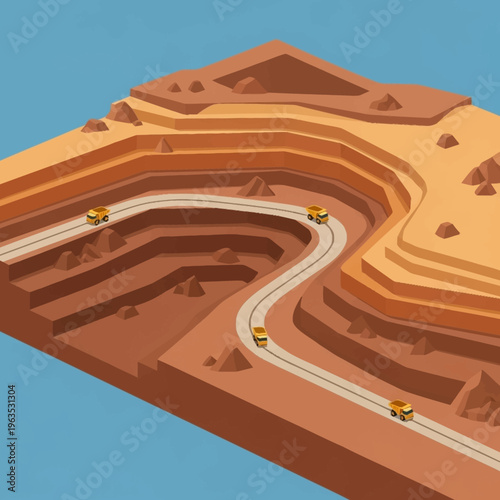 Open Pit Mine With Trucks On Terraced Levels.