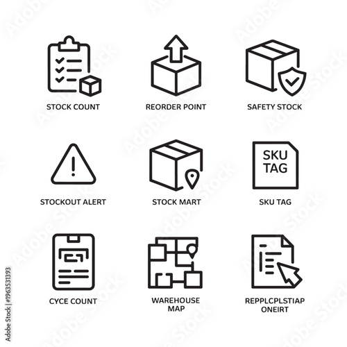 Inventory management icons displaying stock control and warehouse processes