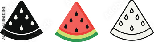 Watermelon slice illustration set, realistic fruit drawing, black silhouette design, outline vector artwork, minimal art collection, modern stylized icon