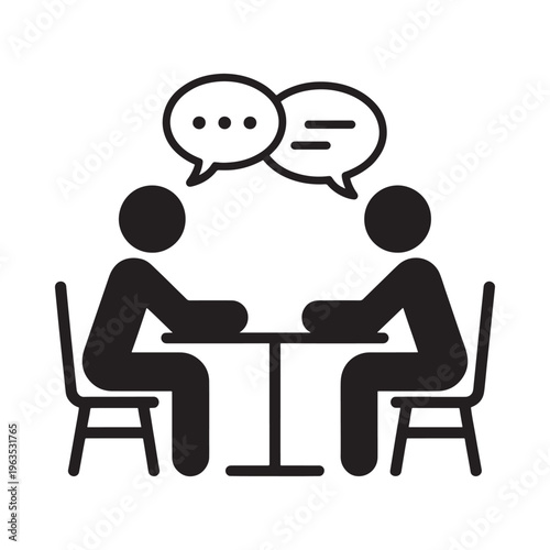 Two figures seated at a table engaged in conversation with speech bubbles