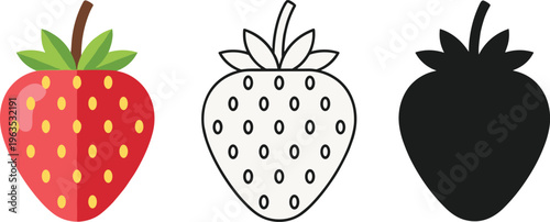 Strawberry illustration set, realistic fruit drawing, outline vector artwork, black silhouette design, minimal art collection, modern stylized berry illustration