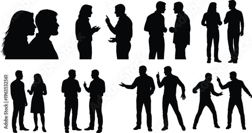 Large set of black silhouettes of people talking, arguing, and communicating in pairs isolated on white background for social design