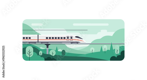 Modern Train Traveling Through Green Landscape.