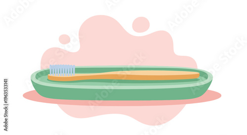 Toothbrush and Toothpaste on Green Holder.