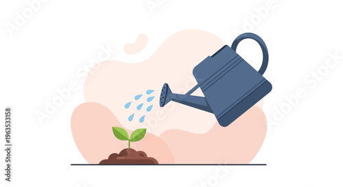 Watering Can Nourishing Young Green Plant.