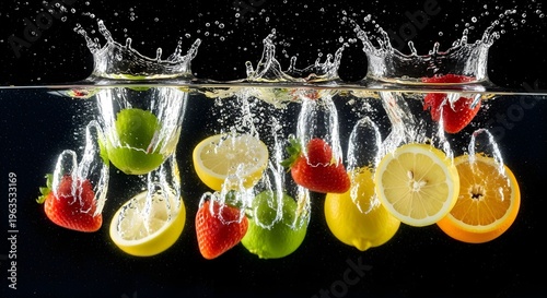 Dynamic Splash of Sliced Fruits in Water