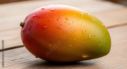 Fresh Mango with Water Droplets on a Wooden Surface