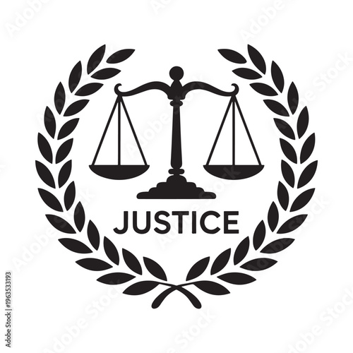 A black silhouette of scales of justice encircled by a laurel wreath