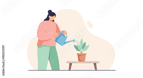 Woman Watering Potted Plant with Watering Can.