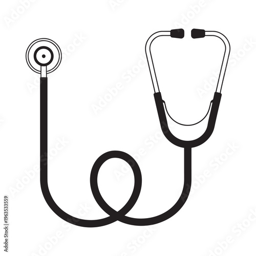 A black and white illustration of a medical stethoscope on a white background