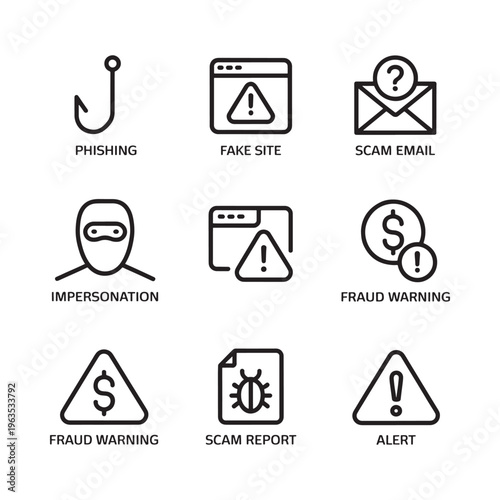 Icons depicting various online security threats and fraudulent activities