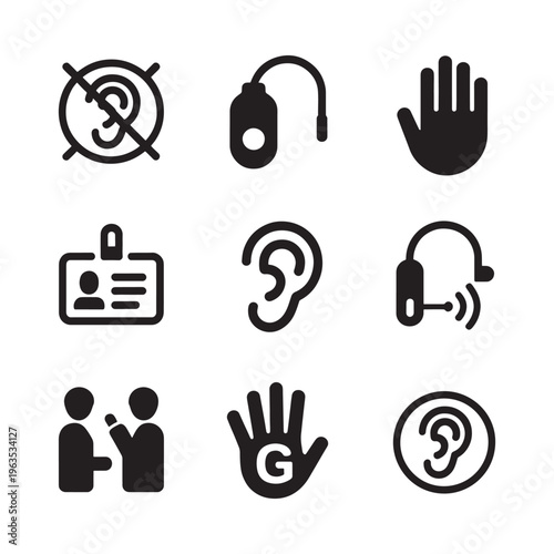 Accessibility icons depicting hearing speech and communication limitations