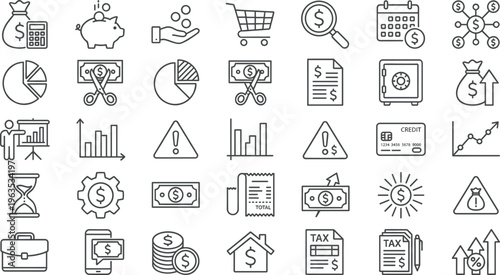 Finance and Business Icon Set with Money, Banking, Investment, Accounting, Payment, Tax, Credit Card, Safe, and Financial Analytics Line Vector Collection