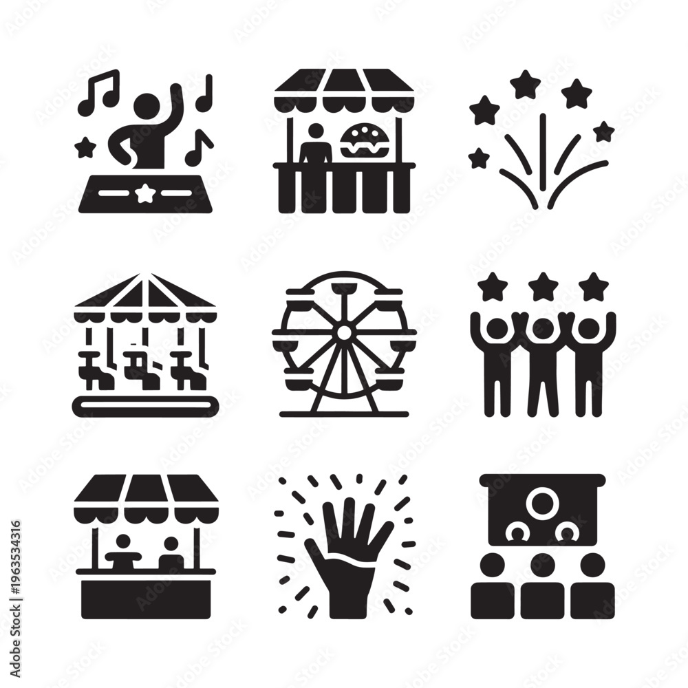 Naklejka premium Carnival and festival icons featuring rides music and celebratory elements