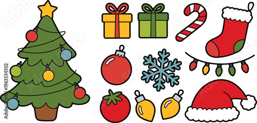 Christmas holiday vector element set featuring decorated tree gifts santa hat stocking snowflake candy cane and ornaments icon collection.