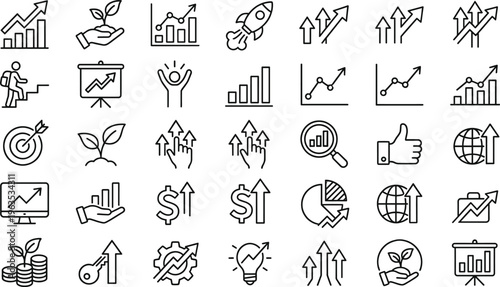 Business Growth and Success Icon Set with Charts, Arrows, Analytics, Startup, Investment, Marketing, Profit Increase, and Strategy Line Vector Collection