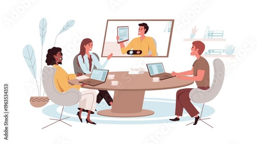 Flat illustration of diverse business team in modern office video meeting