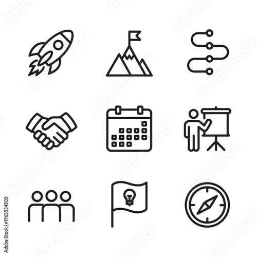 Line art icons depicting business strategy growth and teamwork concepts