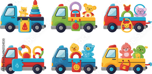 Cartoon Toy Trucks with Stuffed Animals and Play Items, Fun Kid's Play Vehicle Collection on White Background