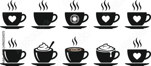 Coffee Cup Icon Set with Hot Drinks, Heart Symbols, Latte, Cappuccino, Steam Mug, and Cafe Beverage Collection Vector Illustration